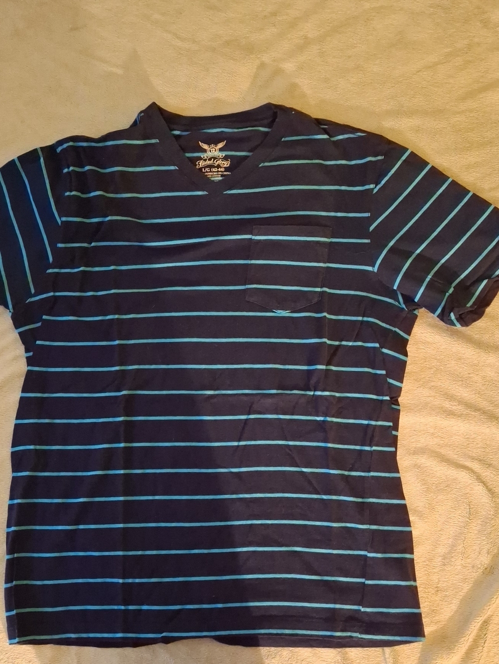 Faded Glory Navy Blue V-Neck Short Sleeve Tee with Teal Stripes
